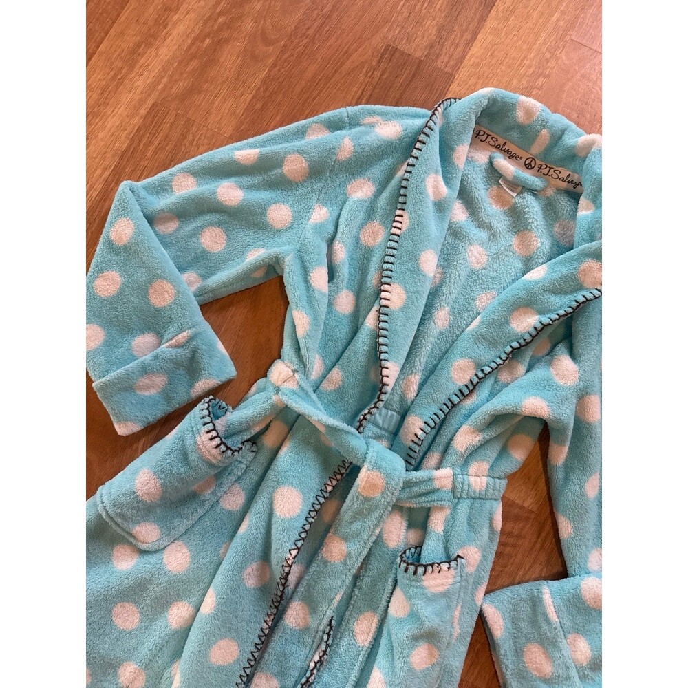 PJ SALVAGE Blue polka dot plush cozy robe with white trim and belt